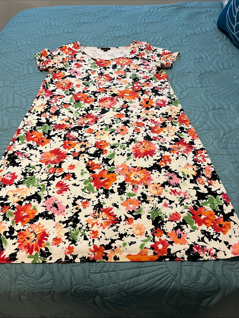 J. Jill White Floral Short-Sleeve Casual Dress with Pink, Orange & Green Print